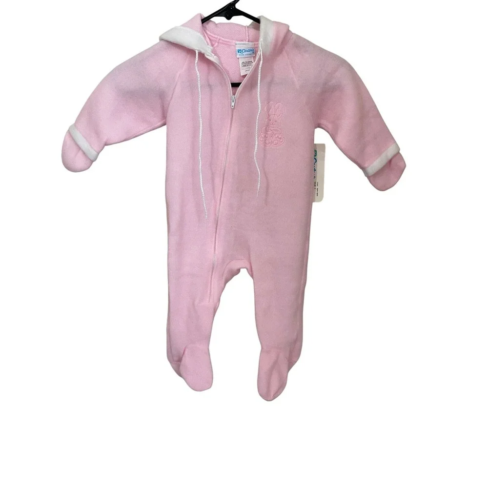 Vtg 80s Carters Pink Fleece Hooded Footed Sleeper Bunny Deadstock 21-25lbs L